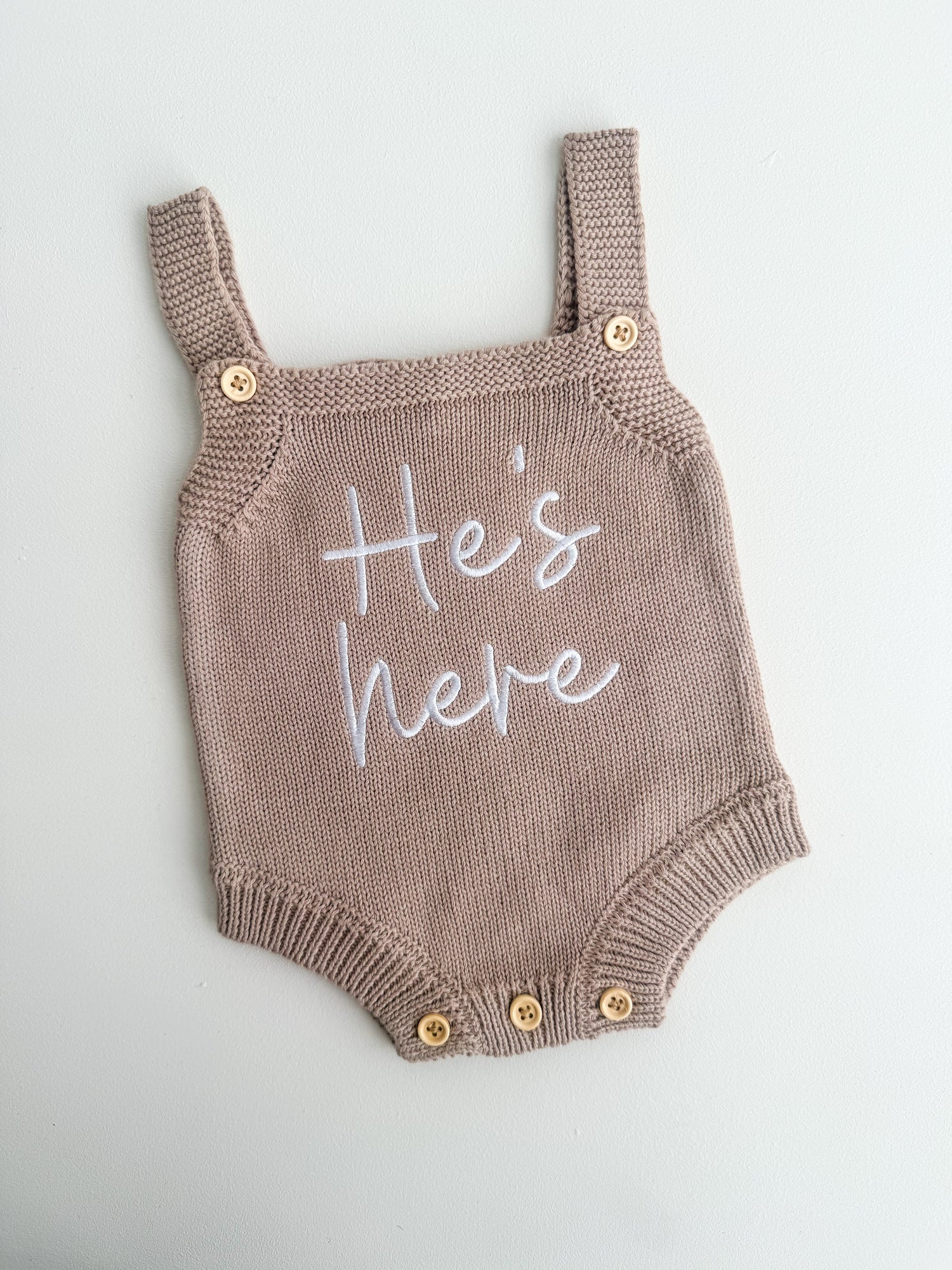 He's Here Romper Teddy Brown