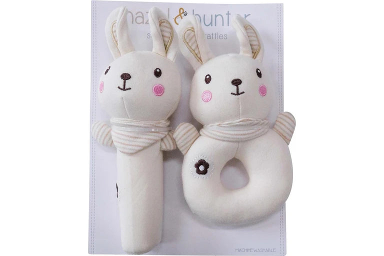 2-Piece Organic Cotton Bunny Rattle Set in Beige