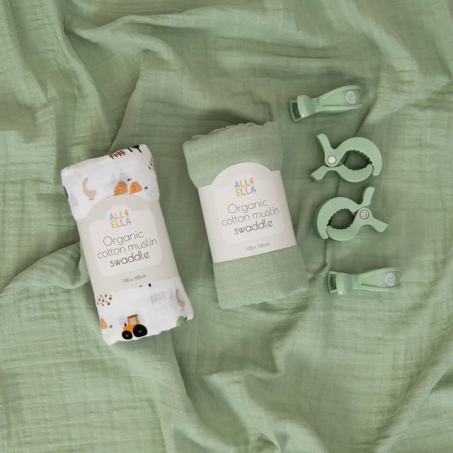 Organic Swaddles & 4 Pegs Gift Set Country Farm