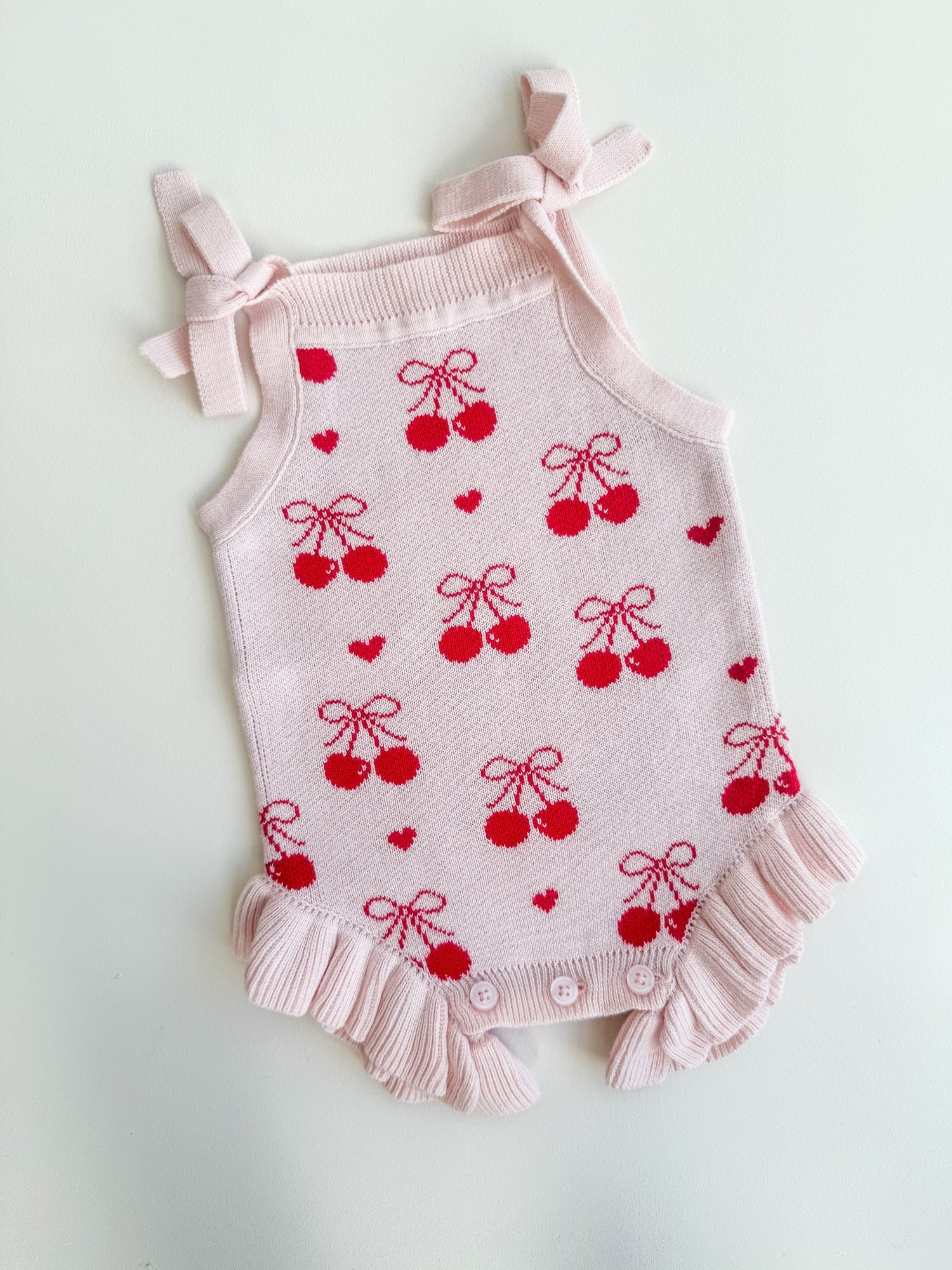 Summer Cherry Heart Bow Frill Romper