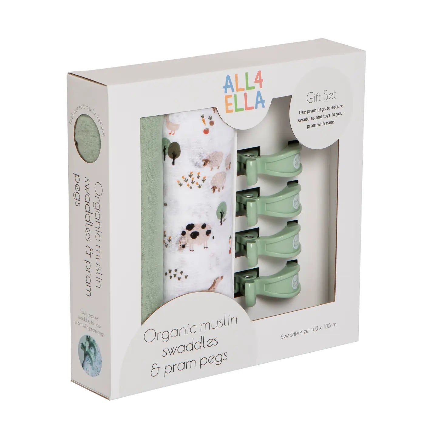 Organic Swaddles & 4 Pegs Gift Set Country Farm