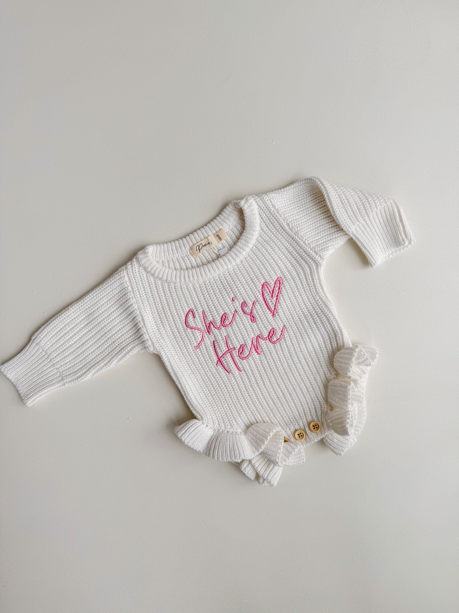 SHE'S HERE HEART - FRILL LEG ROMPER | VALENTINE PINK