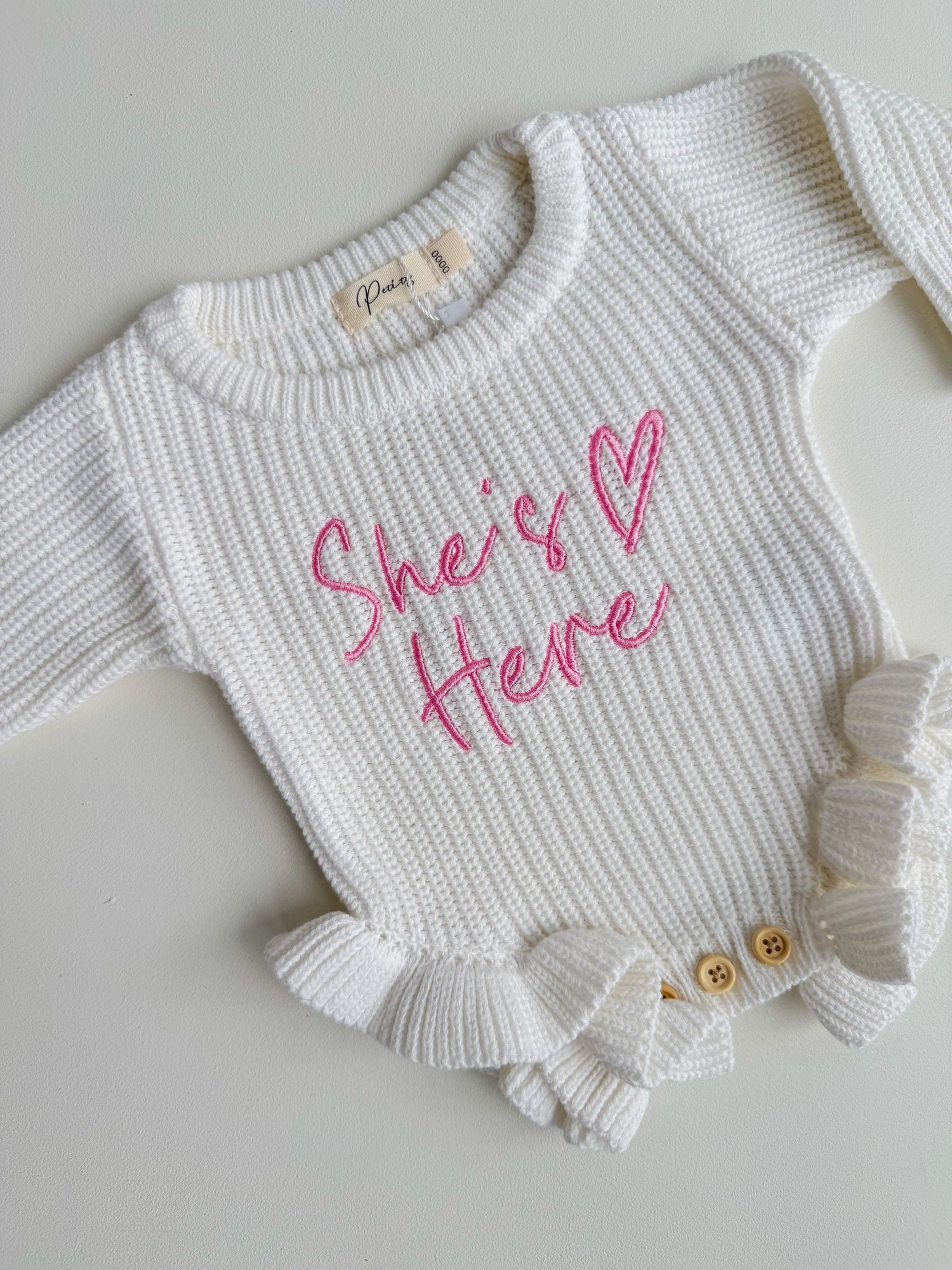 SHE'S HERE HEART - FRILL LEG ROMPER | VALENTINE PINK