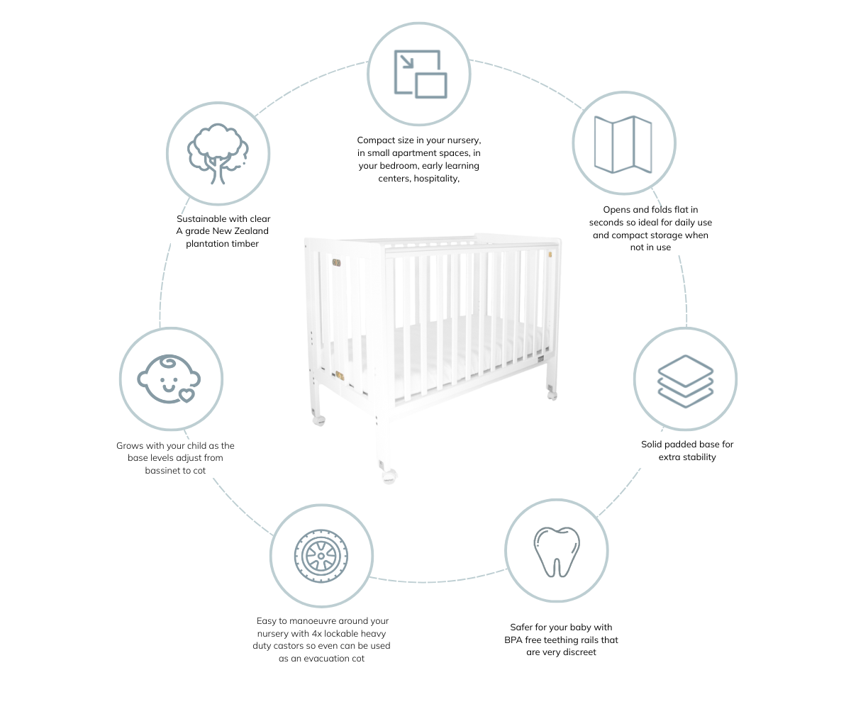 Babyhood Fold N Go Timber Cot - White or Baltic - available to order