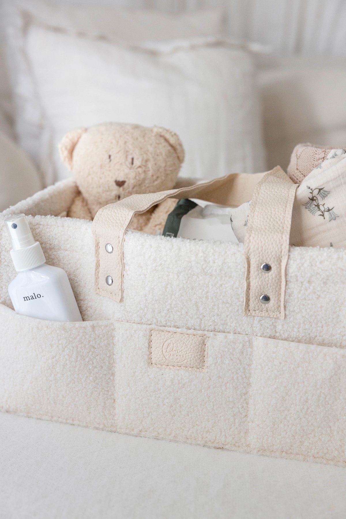 Linen Label Teddy Nappy Caddy- Snow- Large Side Pocket