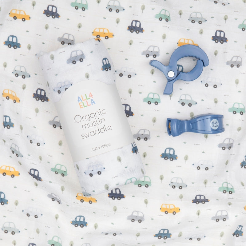 Organic Swaddle & 2 Pram Peg Gift Set - Beep Beep