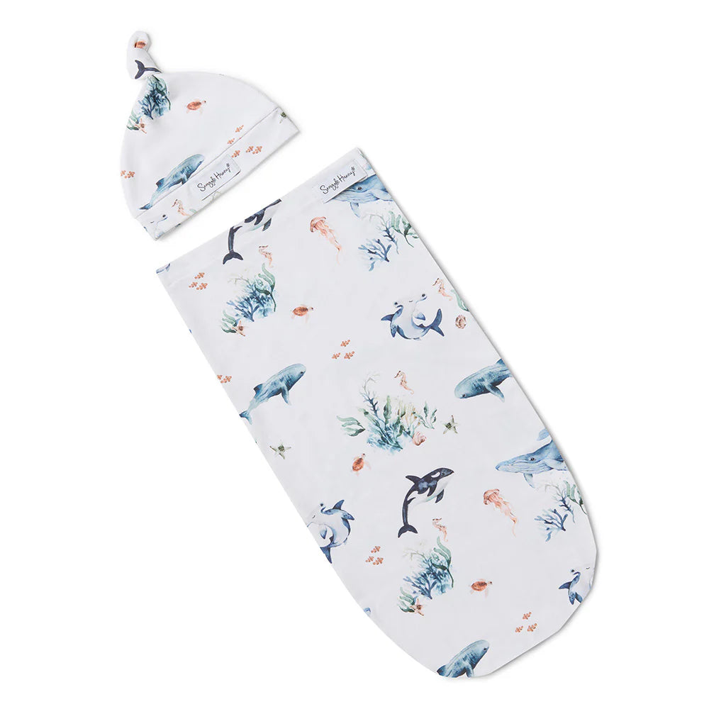 Snuggle Hunny Stretch Cotton Snuggle Swaddle & Beanie or Top Knot Set