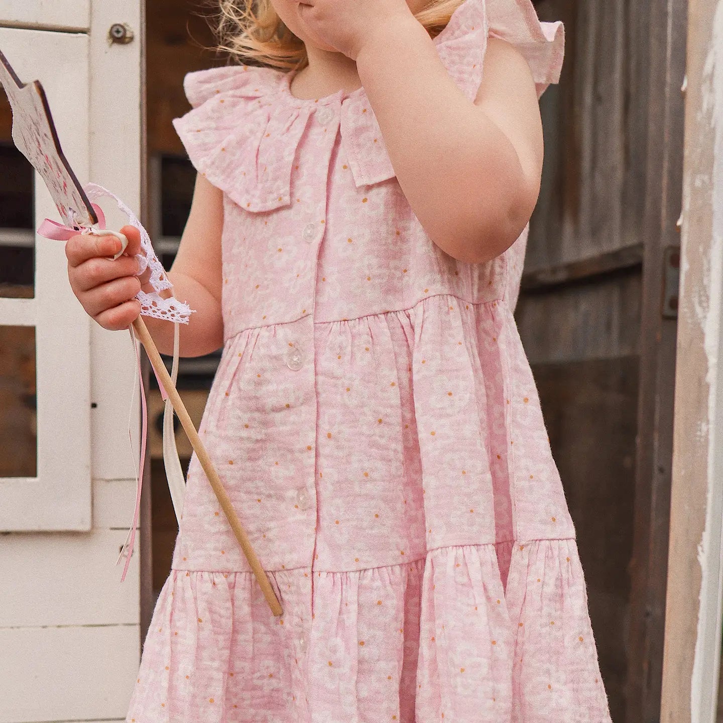 Pink Frangipani Print Tiered Dress