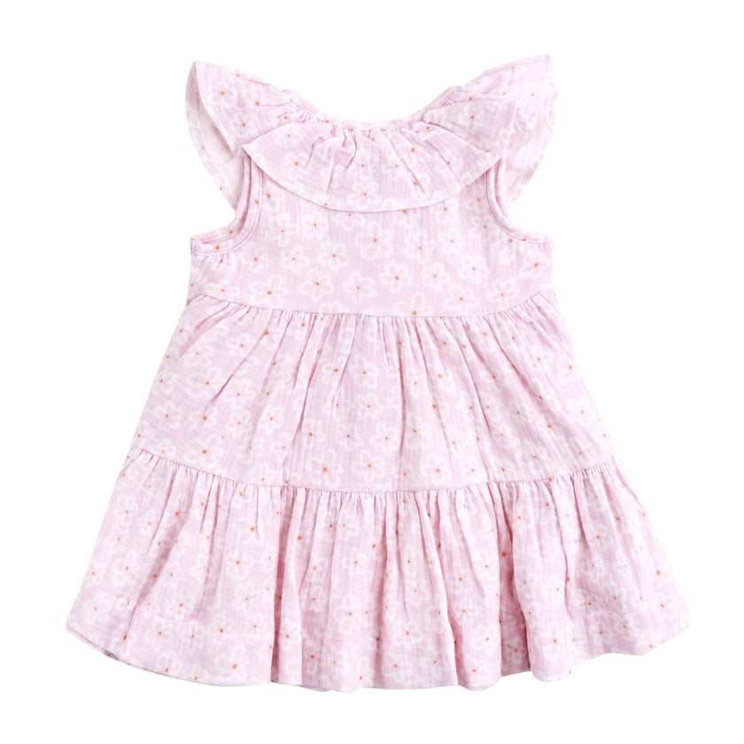 Pink Frangipani Print Tiered Dress