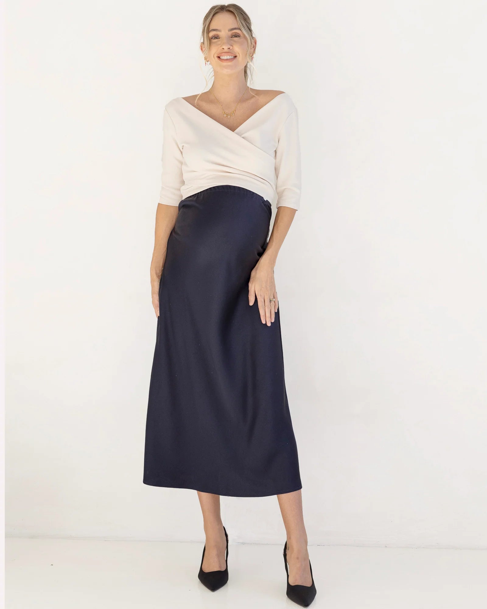 Sheena Maternity Satin-Finish Midi Work Skirt – Navy