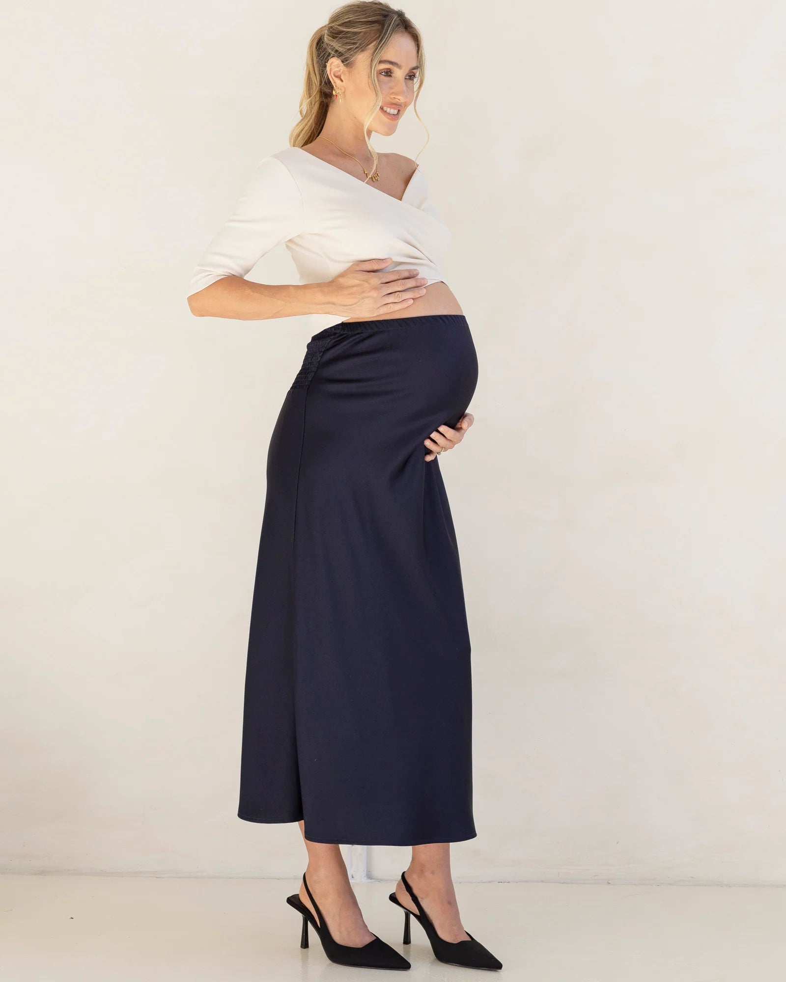 Sheena Maternity Satin-Finish Midi Work Skirt – Navy
