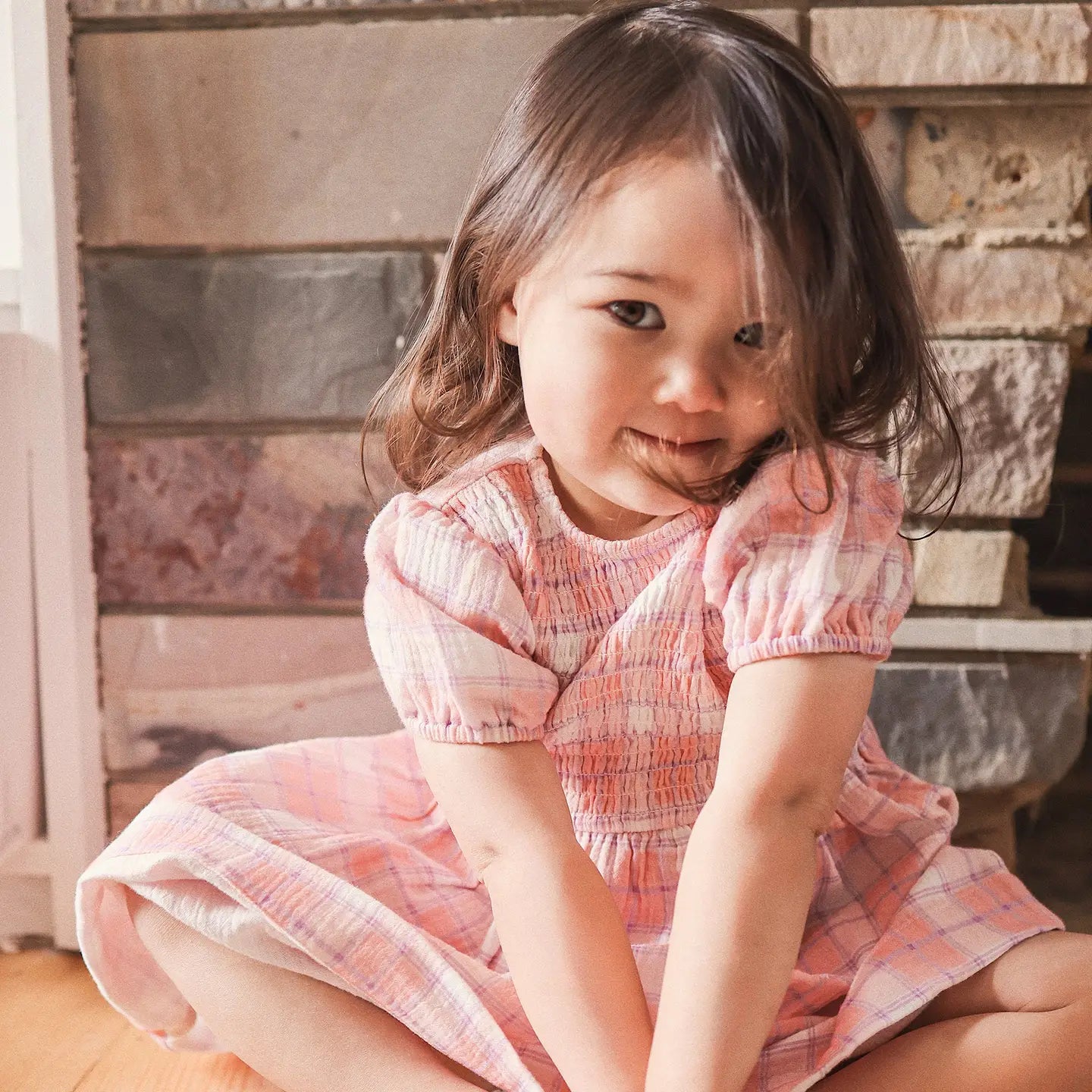 Pink Check Shirred Dress