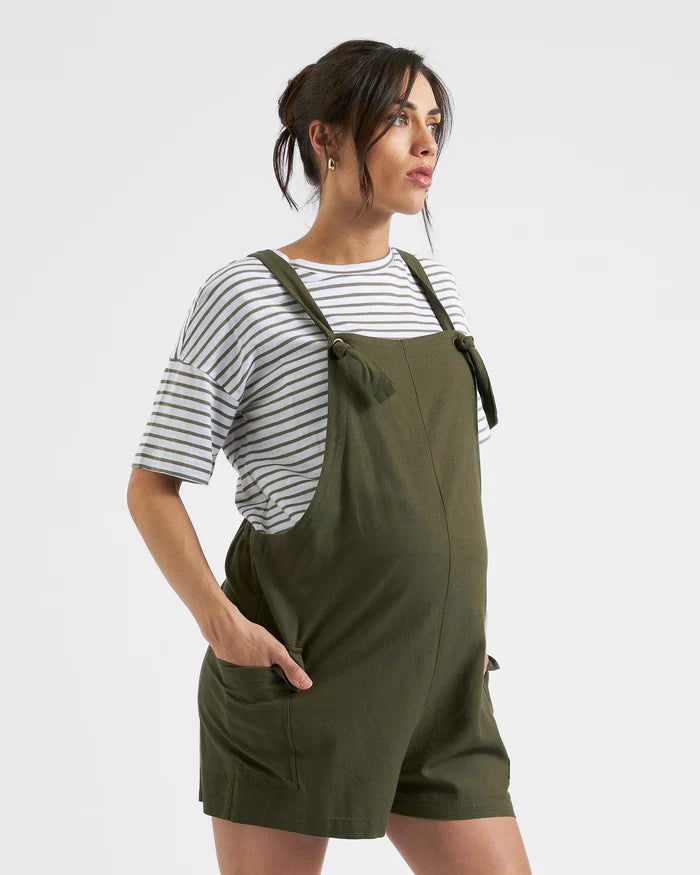 MATERNITY SHORT OVERALLS WITH CARGO POCKETS Terry Linen Playsuit Olive