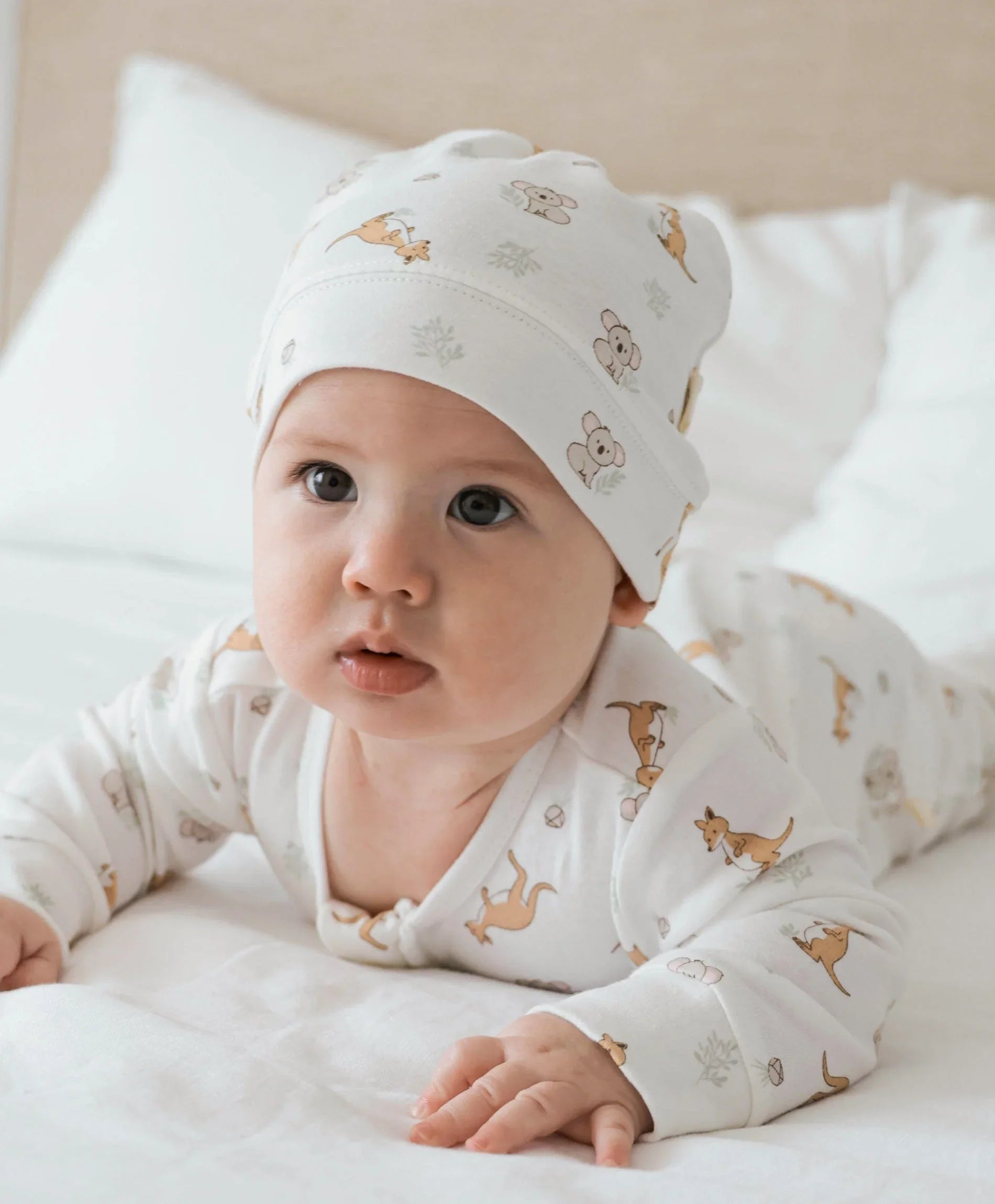 Organic Cotton Baby Beanie - Kangaroo & Koala