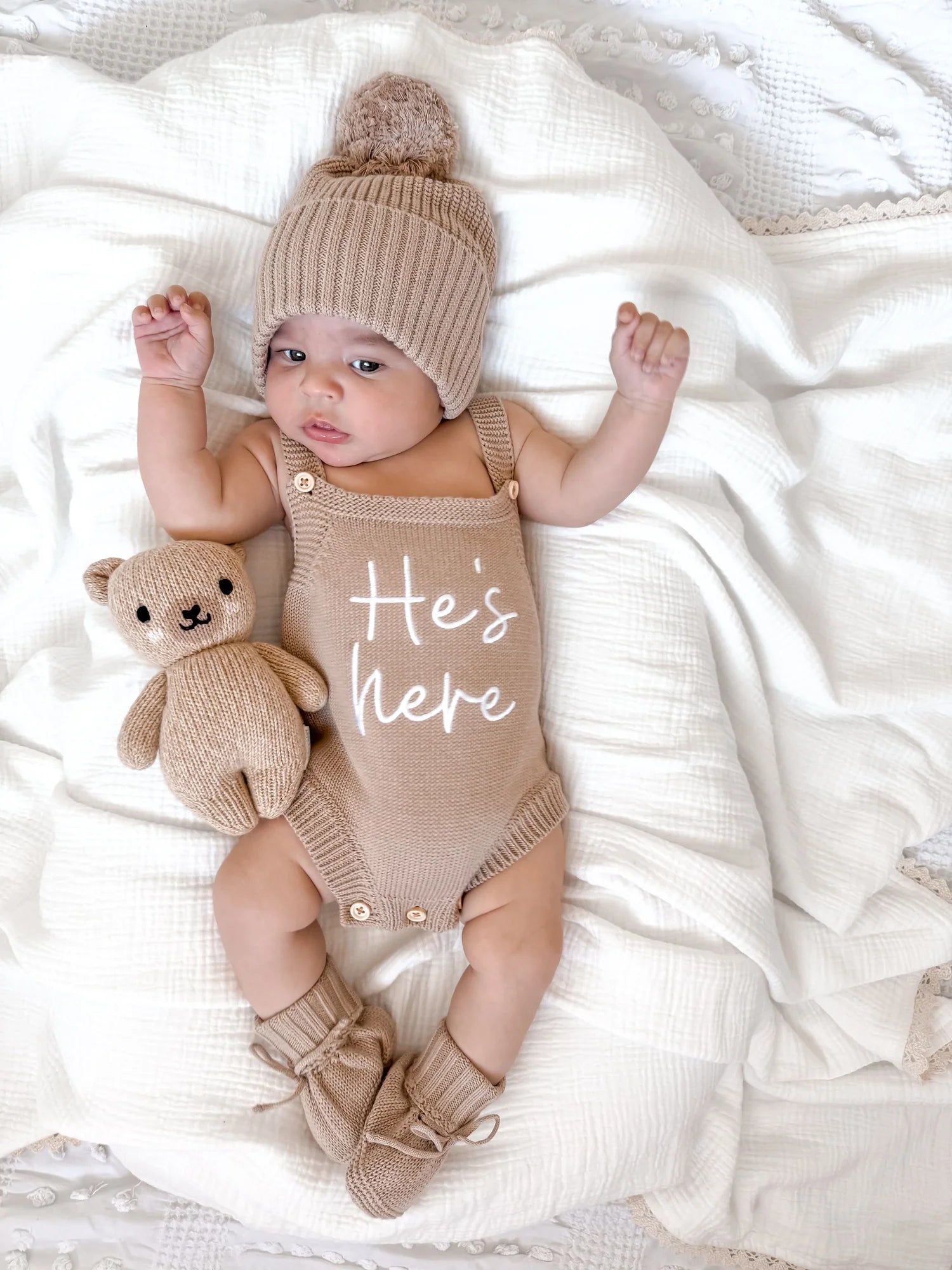 He's Here Romper Teddy Brown