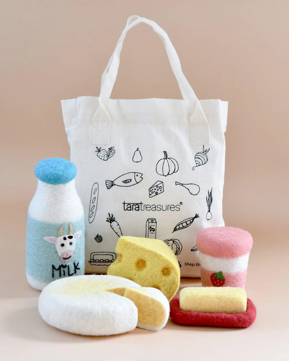 Felt Food Groups Play Food – Dairy (5 Pieces + Market Bag)