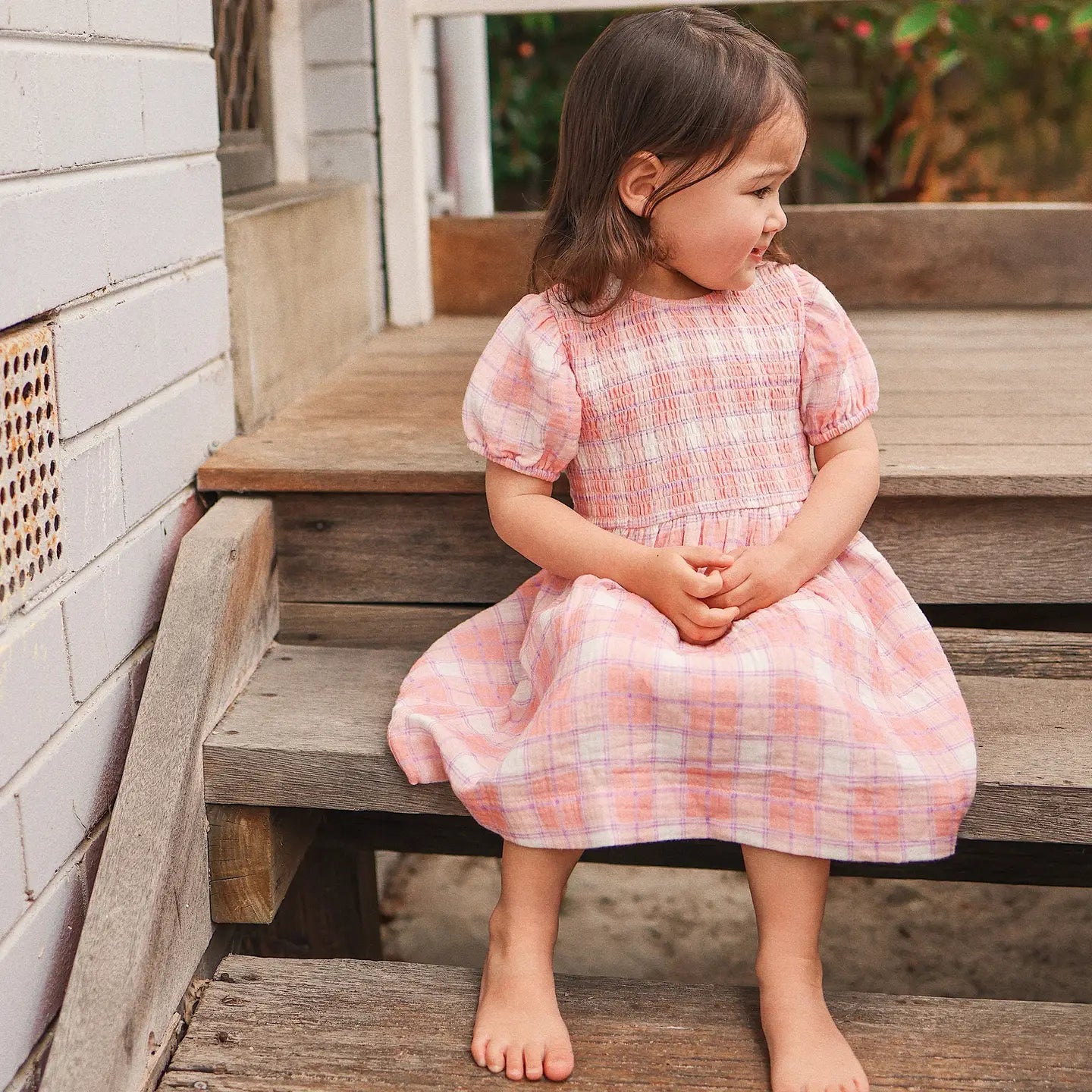 Pink Check Shirred Dress