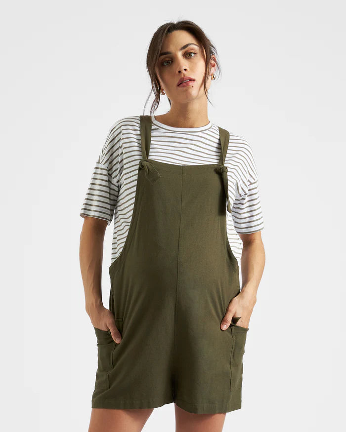 MATERNITY SHORT OVERALLS WITH CARGO POCKETS Terry Linen Playsuit Olive