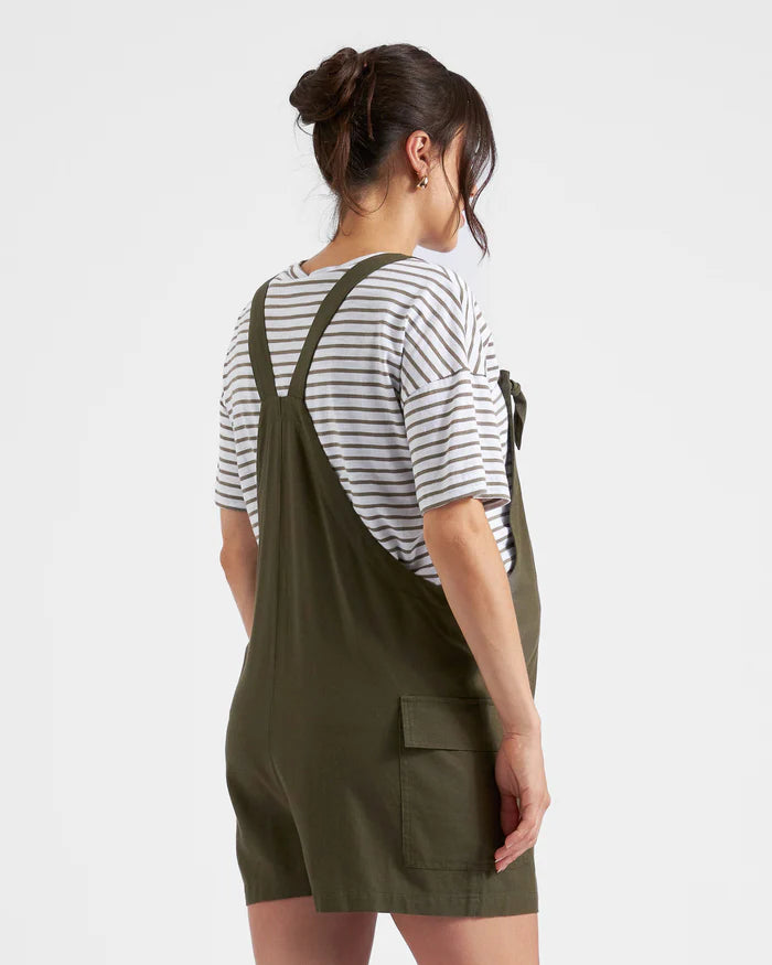 MATERNITY SHORT OVERALLS WITH CARGO POCKETS Terry Linen Playsuit Olive