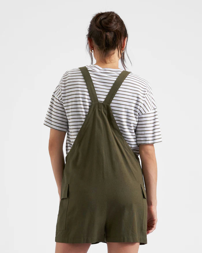 MATERNITY SHORT OVERALLS WITH CARGO POCKETS Terry Linen Playsuit Olive