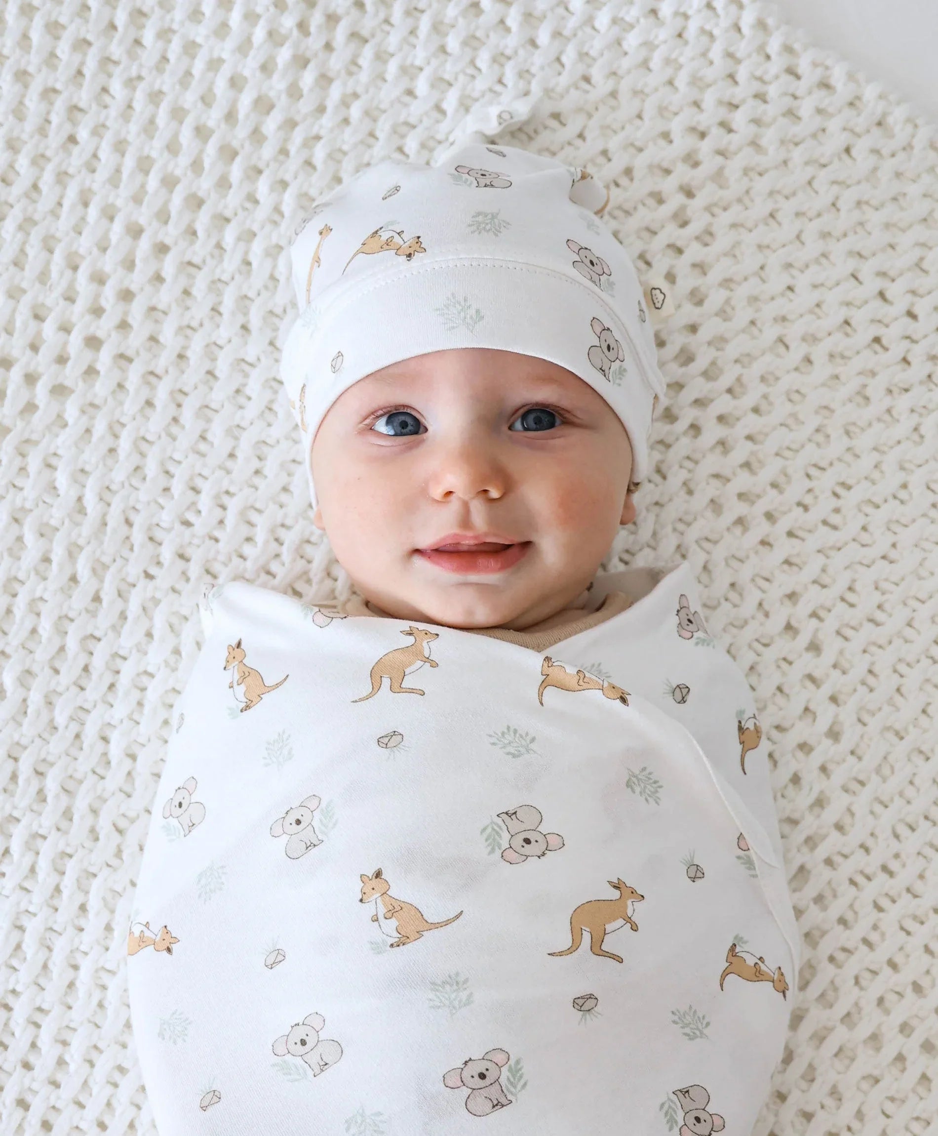 Organic Cotton Baby Beanie - Kangaroo & Koala
