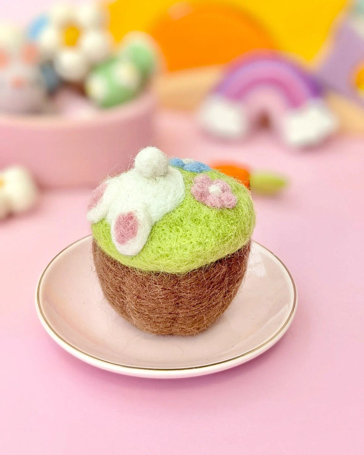 Felt Cupcake Easter Burrowing Bunny with Flowers