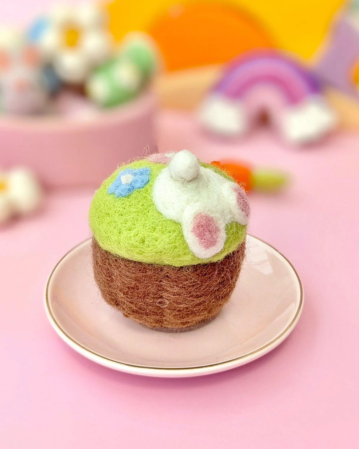 Felt Cupcake Easter Burrowing Bunny with Flowers